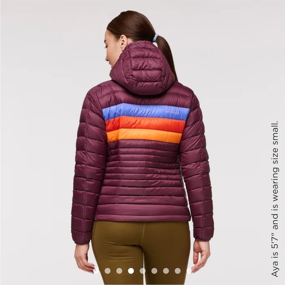 Cotopaxi Women's 1X Fuego Hooded Down Jacket Wine Stripes Maroon Blue NWT - Picture 12 of 15
